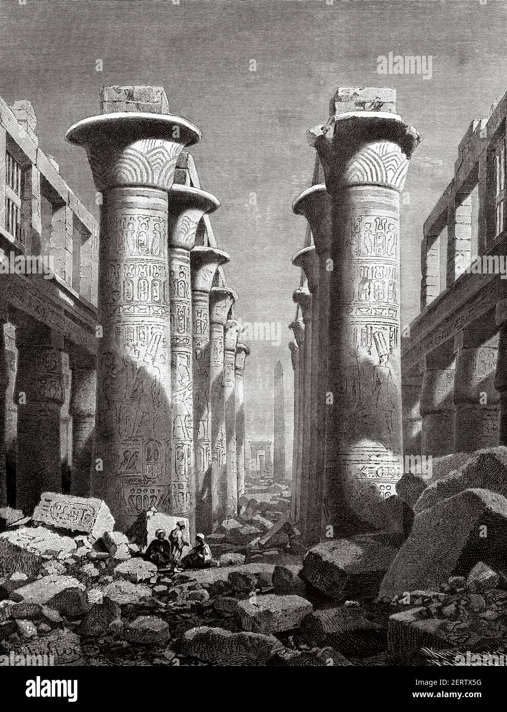 The Great hypostyle hall in the Karnak temple complex in Amon-Re, Ancient Thebes, Egypt in XIX century. Africa. Old 19th century engraved illustration, El Mundo Ilustrado 1881 Stock Photo