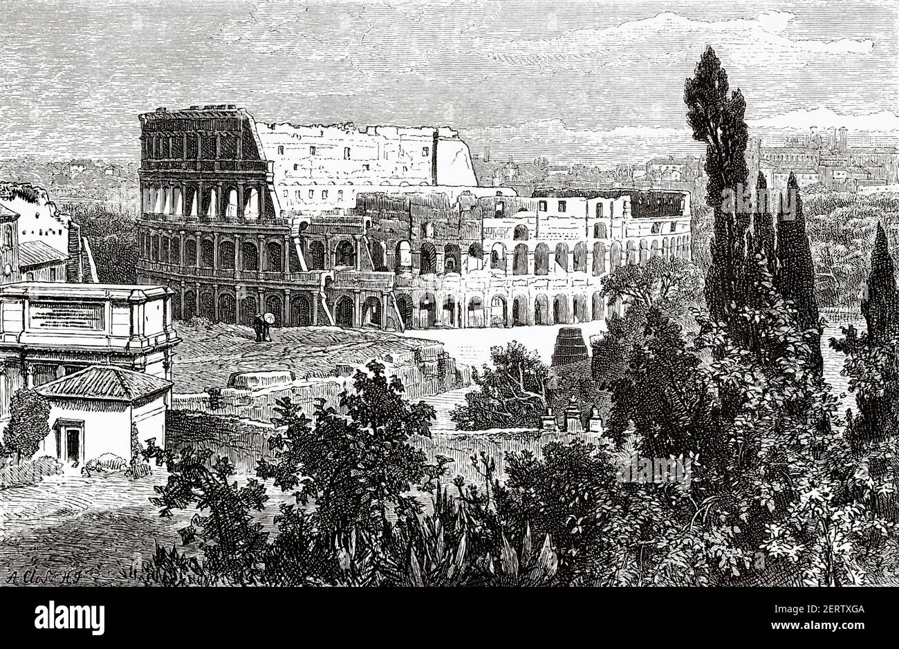 Ruins of the Colosseum, from the Palatine. Rome in XIX Century, Italy. Europe. Old 19th century engraved illustration, El Mundo Ilustrado 1881 Stock Photo