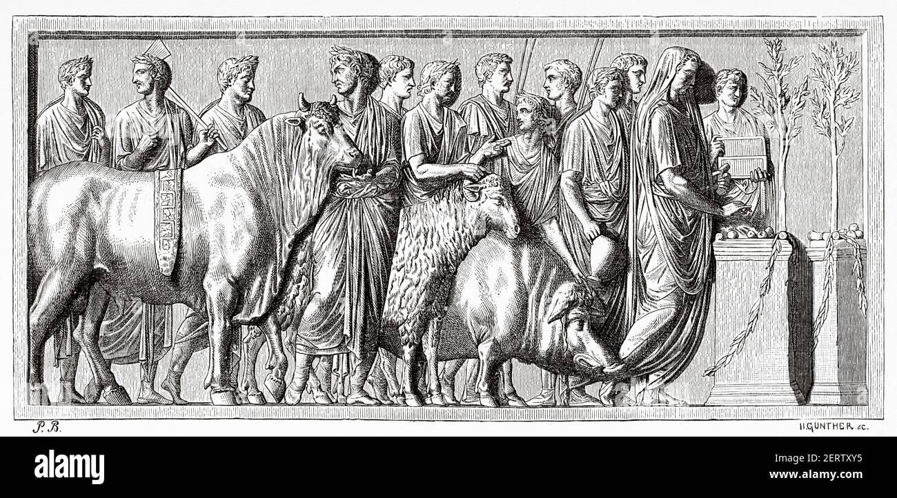 Ritual ceremony of animal sacrifice in ancient Rome, Ancient roman empire. Italy, Europe. Old 19th century engraved illustration, El Mundo Ilustrado 1881 Stock Photo