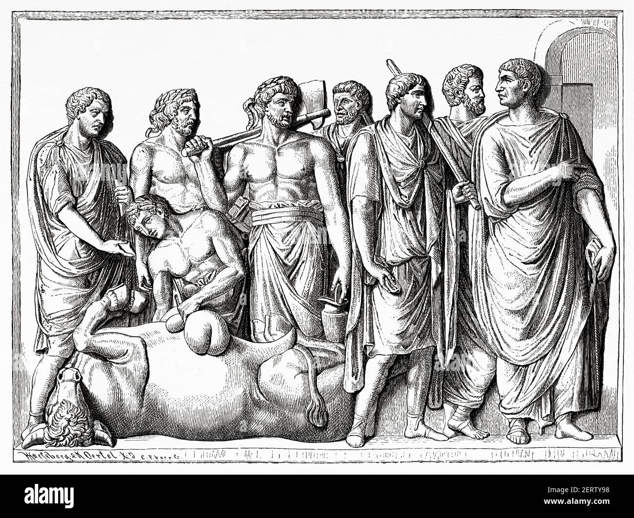 Haruspex. Priest who in ancient Rome religion predicted the future by observing the appearance of the entrails of sacrificed animals, Ancient roman empire. Italy, Europe. Old 19th century engraved illustration, El Mundo Ilustrado 1881 Stock Photo