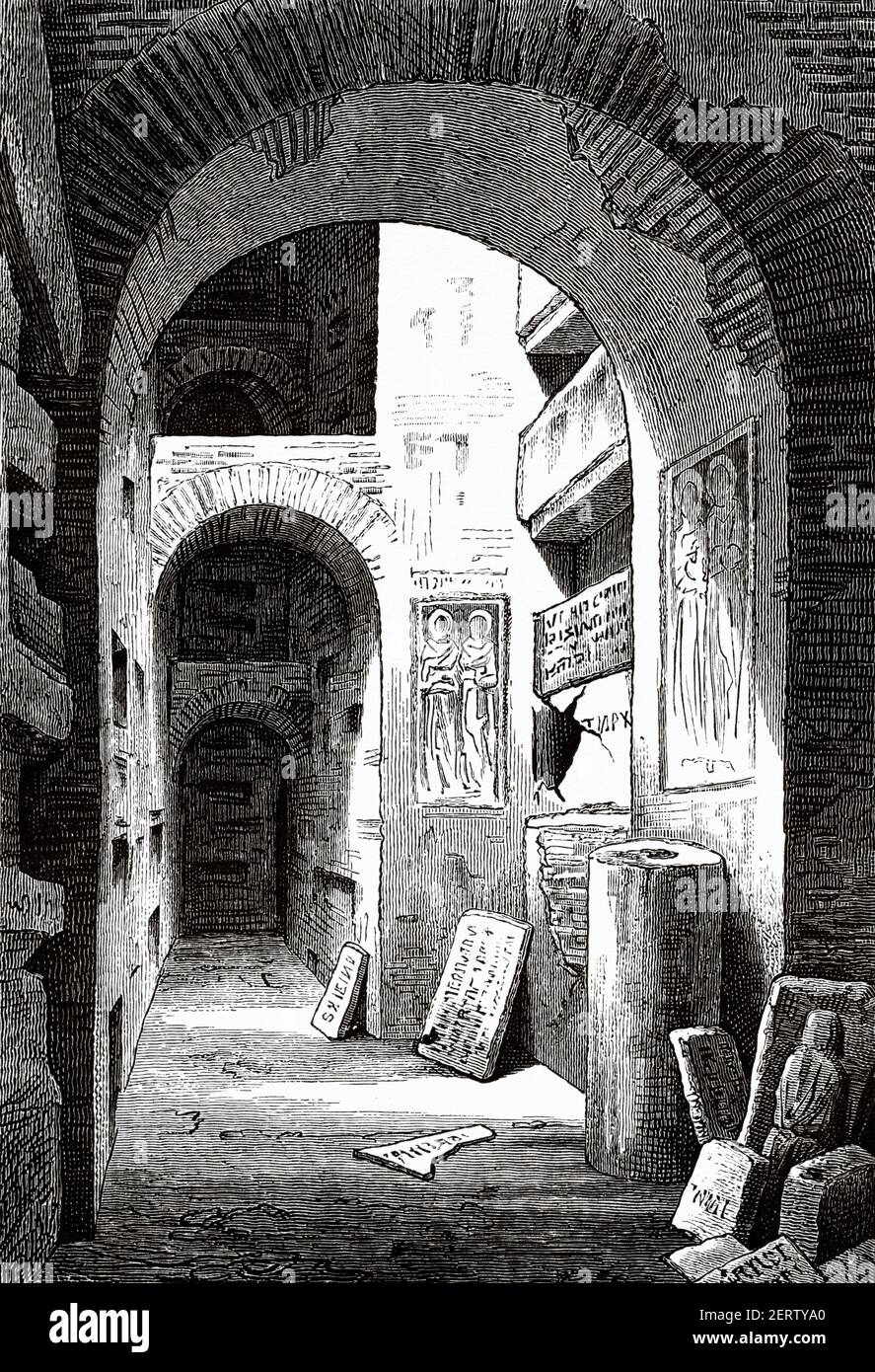 The Catacombs Rome in XIX Century. Italy, Europe. Old 19th century engraved illustration, El Mundo Ilustrado 1881 Stock Photo