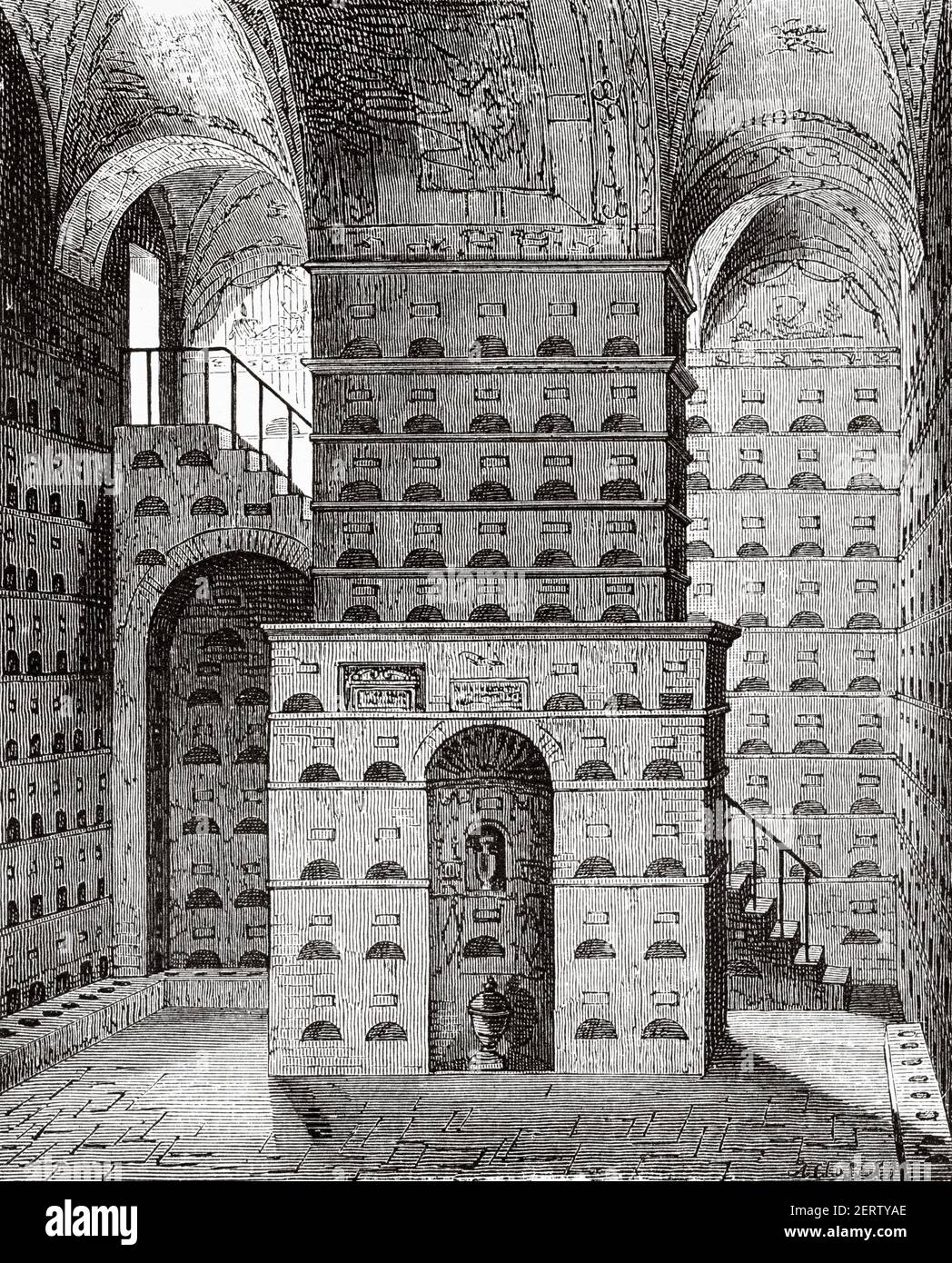 Interior of a Roman columbarium, Rome in XIX Century. Italy, Europe. Old 19th century engraved illustration, El Mundo Ilustrado 1881 Stock Photo