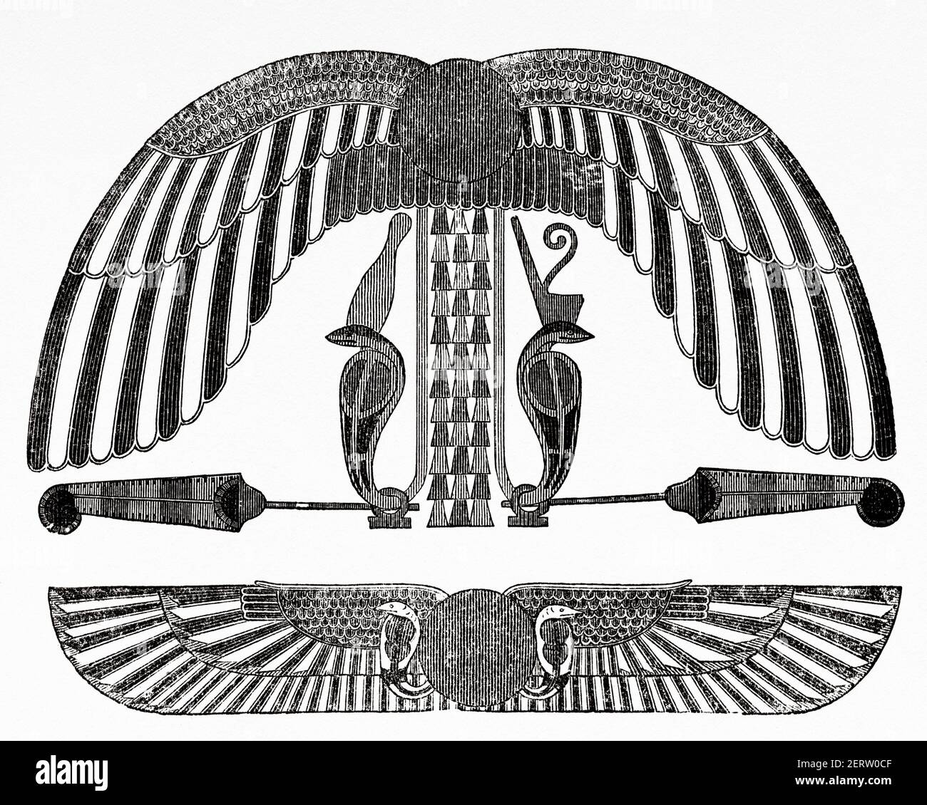 Egyptian winged sun disk, Ancient Egypt. Africa. Old 19th century engraved illustration, El Mundo Ilustrado 1881 Stock Photo