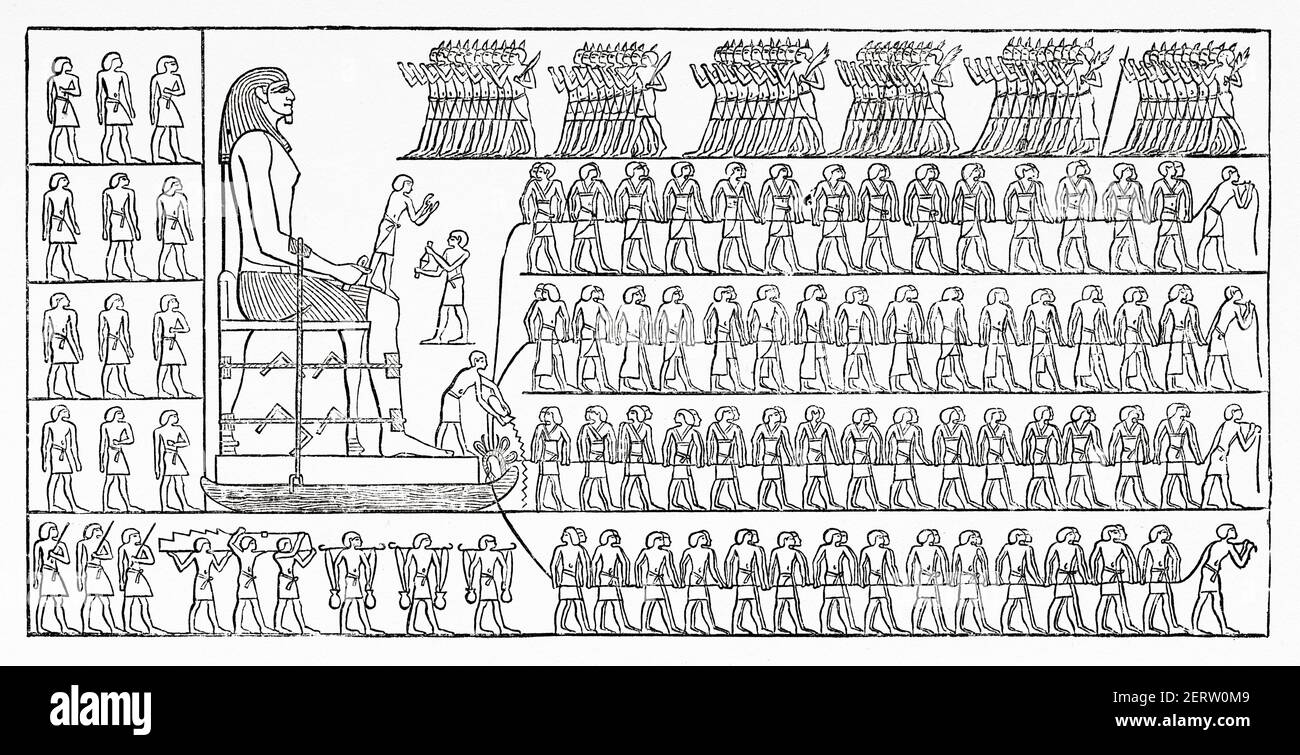Transport of a colossus from a tomb at El Bersheh, Ancient Egypt. Africa. Old 19th century engraved illustration, El Mundo Ilustrado 1881 Stock Photo