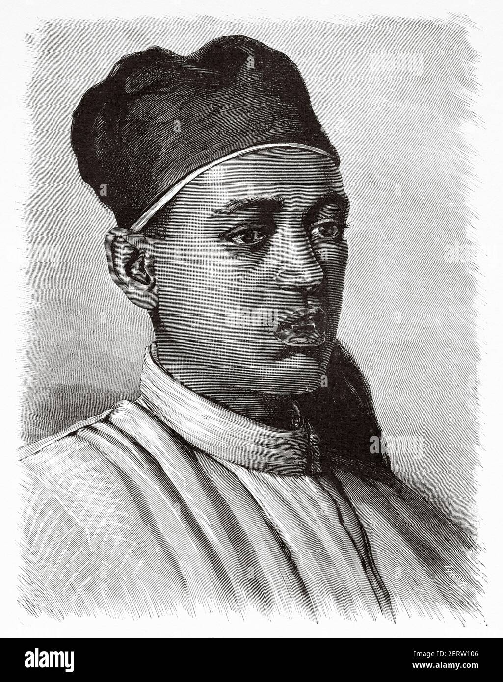 Portrait of a young native of Aswan, Egypt in XIX century. Africa. Old 19th century engraved illustration, El Mundo Ilustrado 1881 Stock Photo