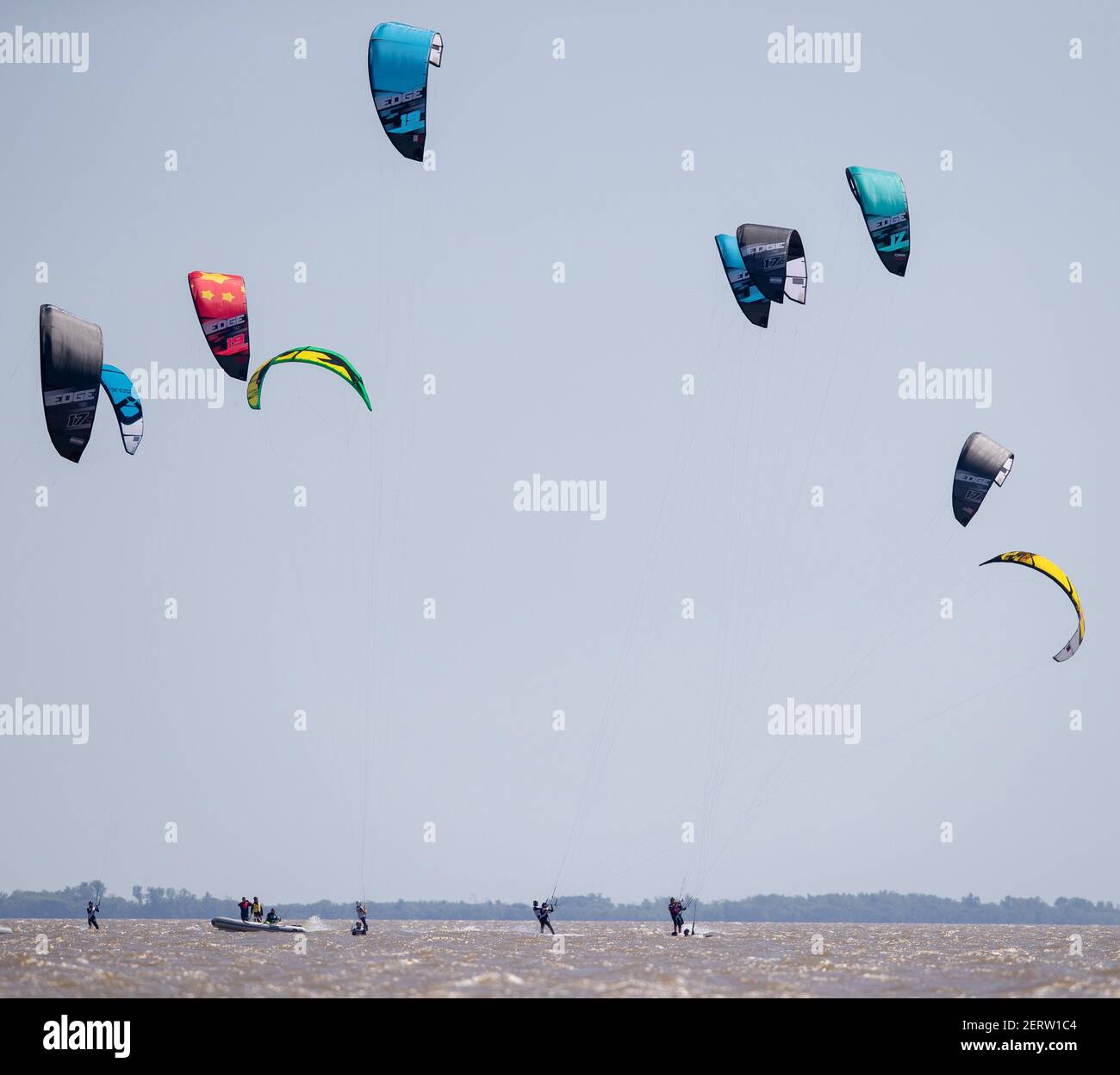 Oct 14, 2018; Buenos Aires, Argentina; Kite surfers in action during the in  action during the Sailing Womens Kiteboarding IKA at Club N‡utico San  Isidro. The Youth Olympic Games, Buenos Aires, Argentina.