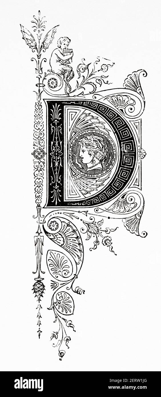 Hand drawn alphabet letter D. Old 19th century engraved illustration, El Mundo Ilustrado 1881 Stock Photo