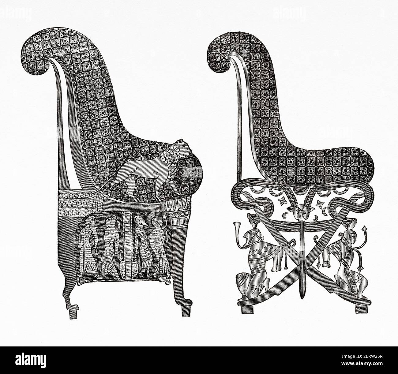 Furniture armchairs of Ramses III, Ancient Egypt. Africa. Old 19th ...