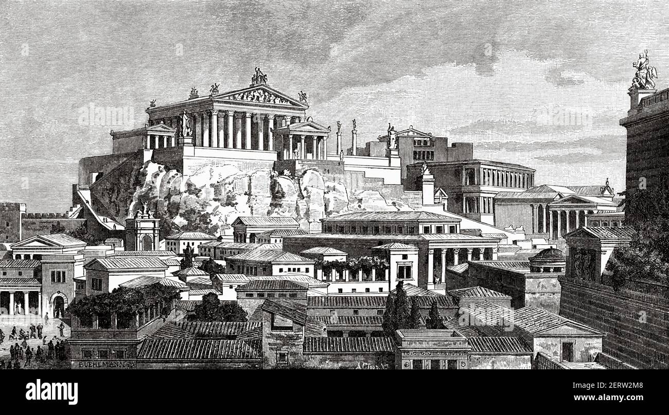 Artistic reconstruction. The Capitol from the Emperors' Palaces on the Palatine Hill. Foro Boario, Temple of Jupiter, Basilica Sempronia, Tubularium, Temples next to the Roman Forum, Ancient Rome, Italy. Europe. Old XIX century engraved illustration, El Mundo Ilustrado 1880 Stock Photo