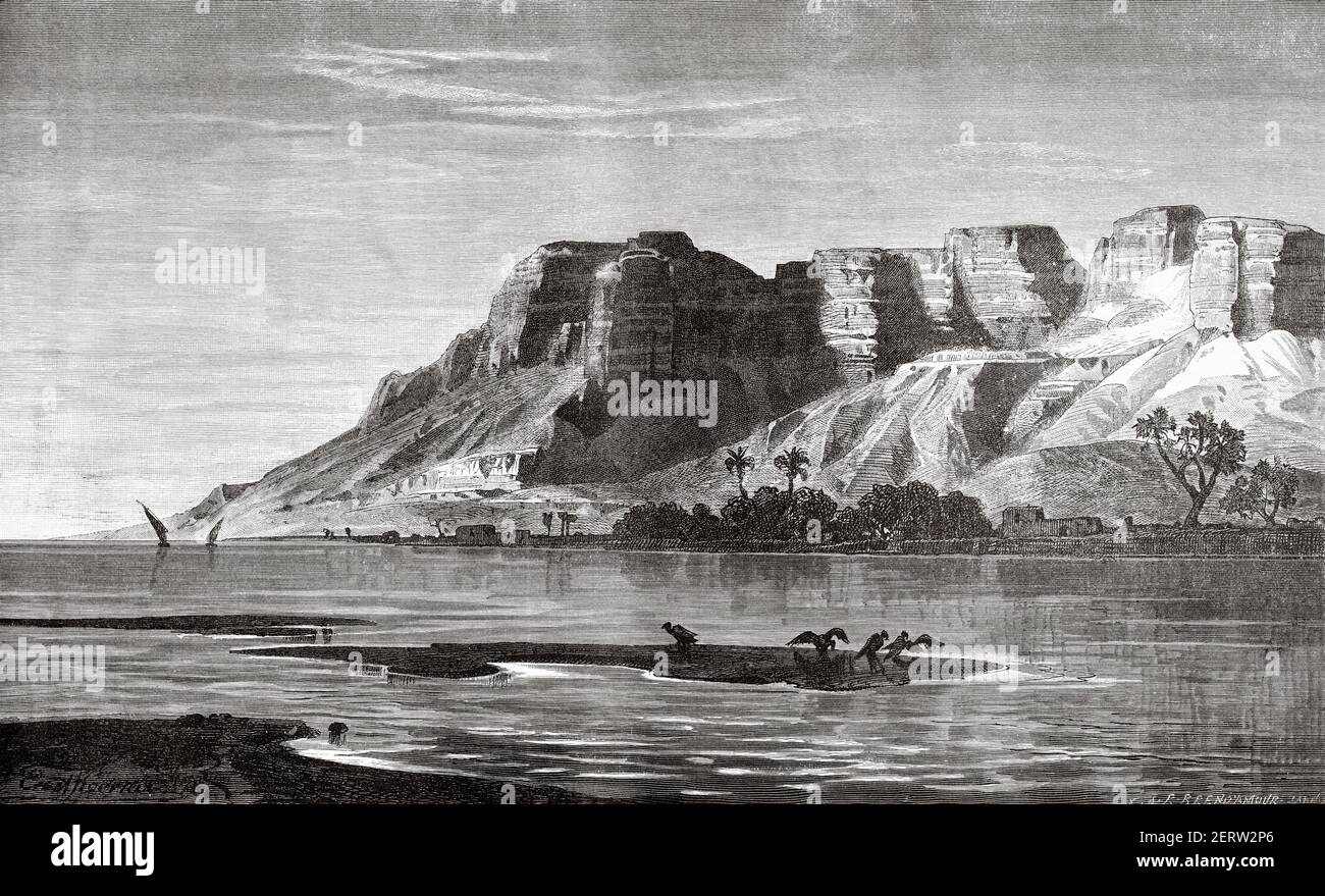 Right bank of the river nile near Gebel Abu Foda, Egypt 19th Century. Old XIX century engraved illustration, El Mundo Ilustrado 1880 Stock Photo