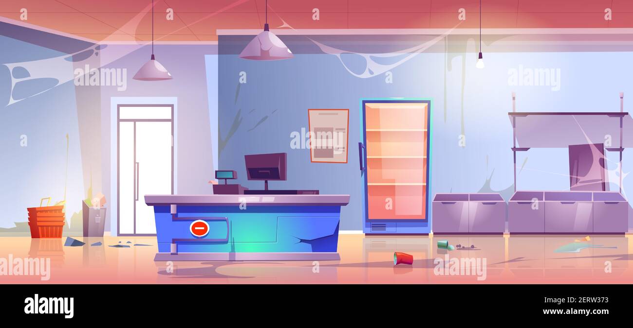 Abandoned grocery store empty shop interior with cracked cashier desk, scatter garbage, spider web, broken shelves and refrigerator. Neglected product market, retail place, Cartoon vector illustration Stock Vector