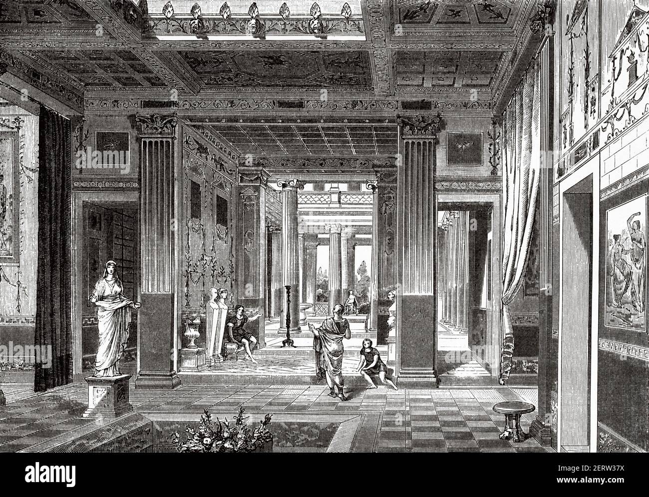 Atrium of a Ancient Rome house, Italy. Europe. Old XIX century engraved illustration, El Mundo Ilustrado 1880 Stock Photo
