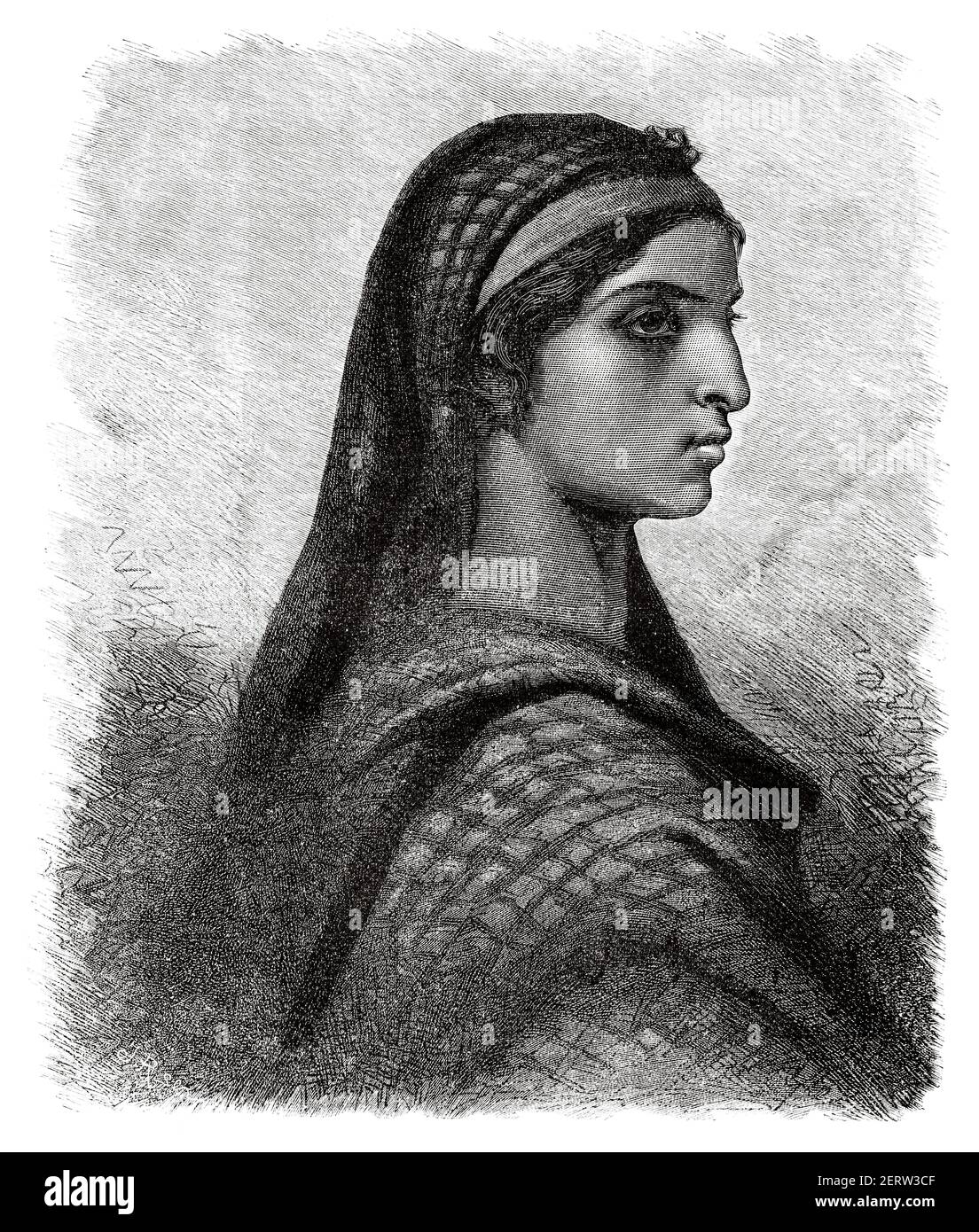 Portrait of an Egyptian woman of Coptic religion, Egypt 19th Century. Old XIX century engraved illustration, El Mundo Ilustrado 1880 Stock Photo
