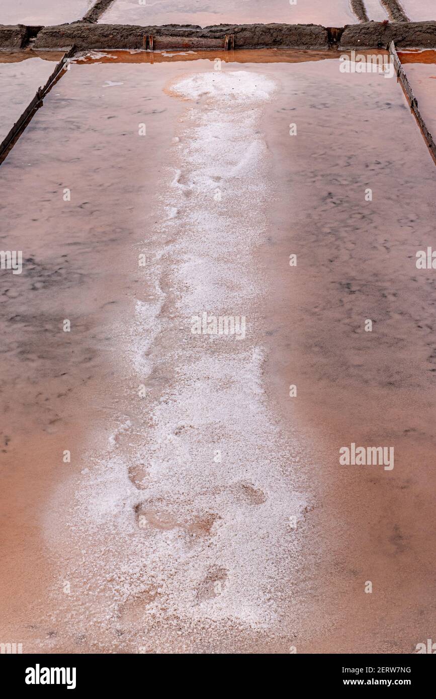 Salt in salt pans in Portugal, close up detail of the salt pans in pink and orange tone with path with footprints and mud edges in line Stock Photo