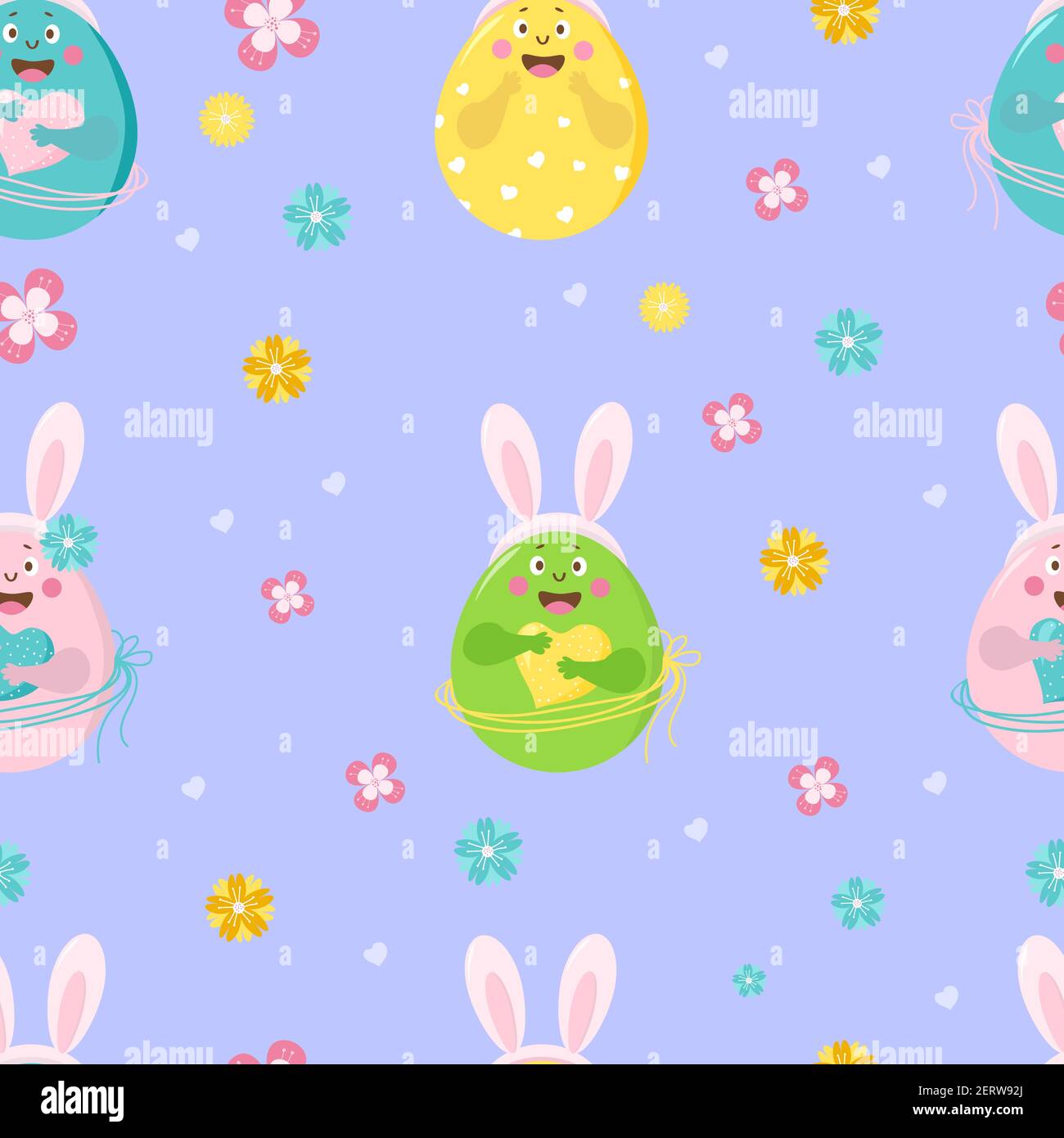 Happy Easter seamless pattern. Pattern of funny Easter eggs with faces, emotions and hands and with bunny ears on a blue background with flowers Stock Vector