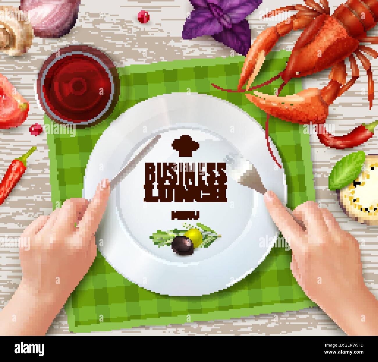Using cutlery properly top view plate lobster saus and hands holding fork and knife realistic vector illustration Stock Vector