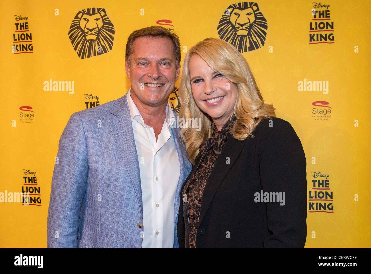 Albert Verlinde and Linda de Mol during the second anniversary of The Lion  King at the AFAS Circus Theater in Scheveningen, the LINDA.foundation by  Linda de Mol will receive a 50,000 checue. (