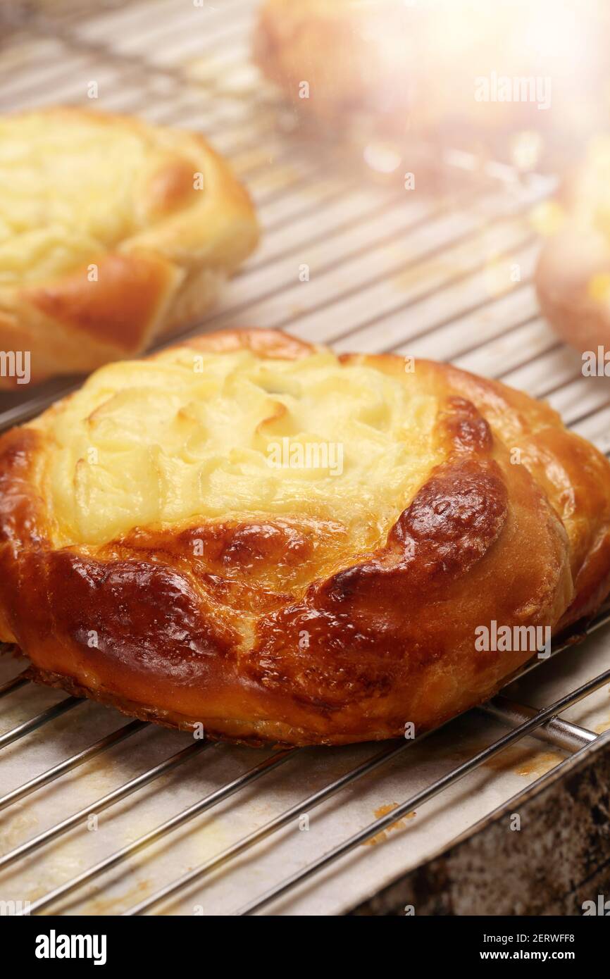 Fresh bun cake with pudding on a tray and empty space for text Stock Photo