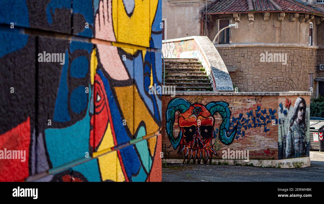 Murals Near Rome ROME, ITALY - Feb 21, 2021: Rome 2021: Various murals in the ...