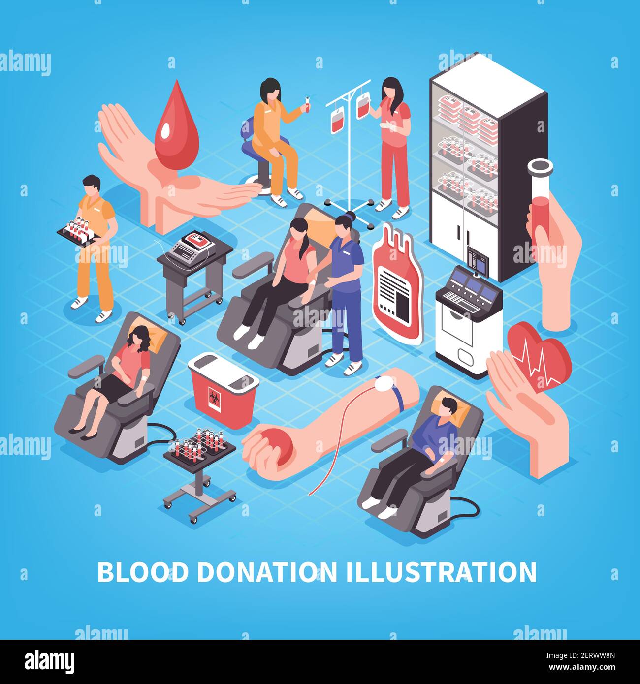 Donation and blood bank medical staff and equipment on blue background