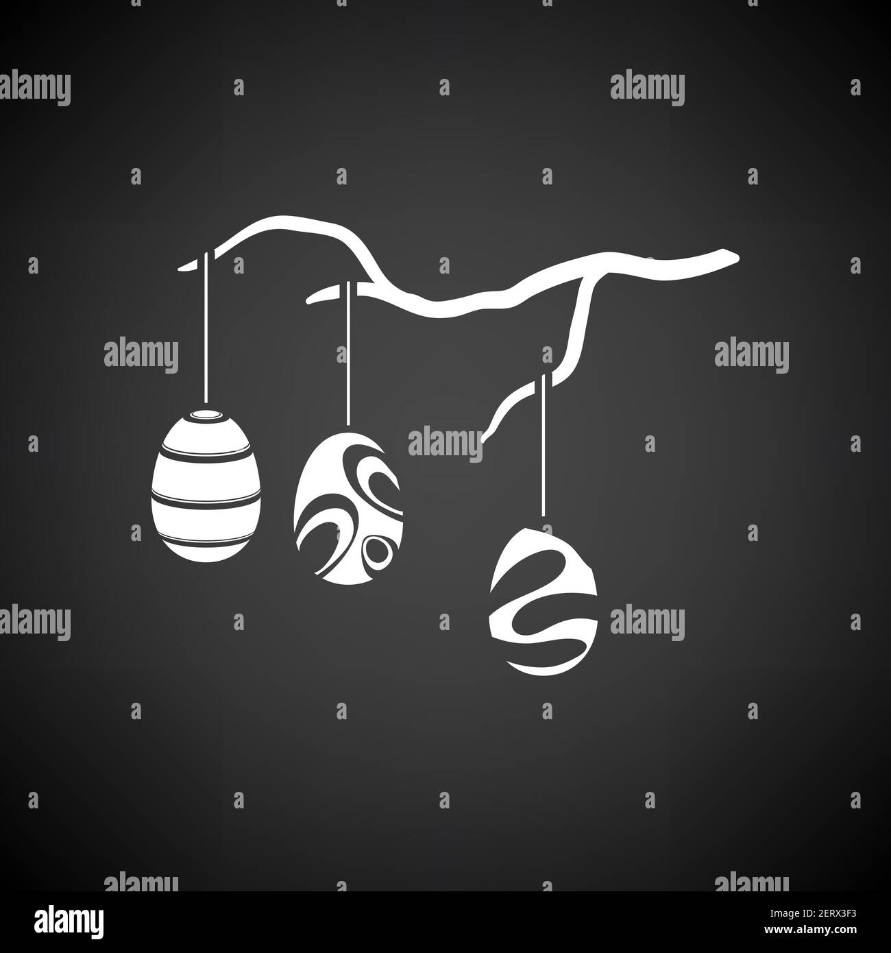 Easter Eggs Hanged On Tree Branch Icon. White on Black Background. Vector Illustration. Stock Vector