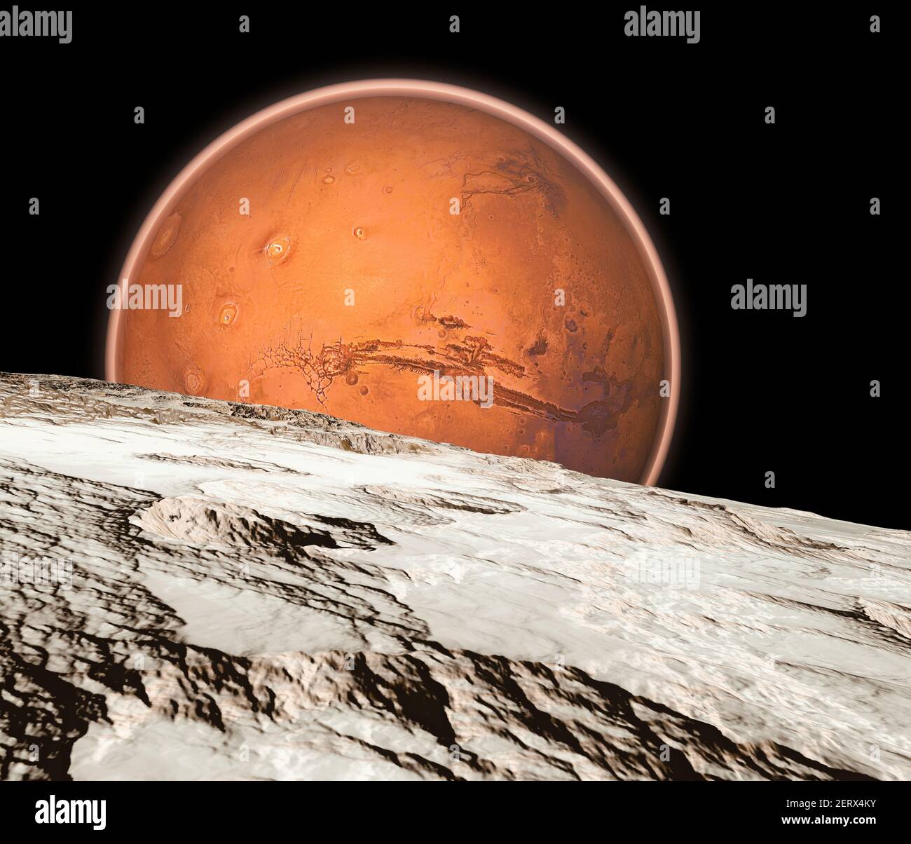 View of Mars seen from Phobos, Deimos the two moons of Mars, natural satellites orbiting the Red Planet. Exploration. Discoveries. 3d render Stock Photo