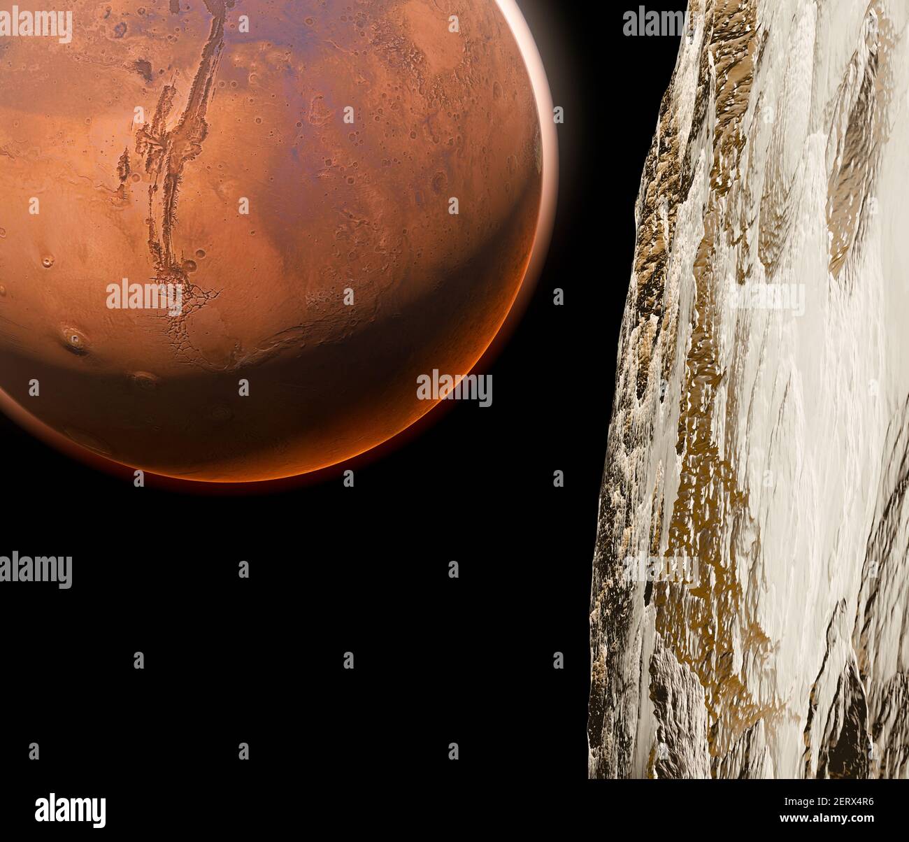 View of Mars seen from Phobos, Deimos the two moons of Mars, natural satellites orbiting the Red Planet. Exploration. Discoveries. 3d render Stock Photo