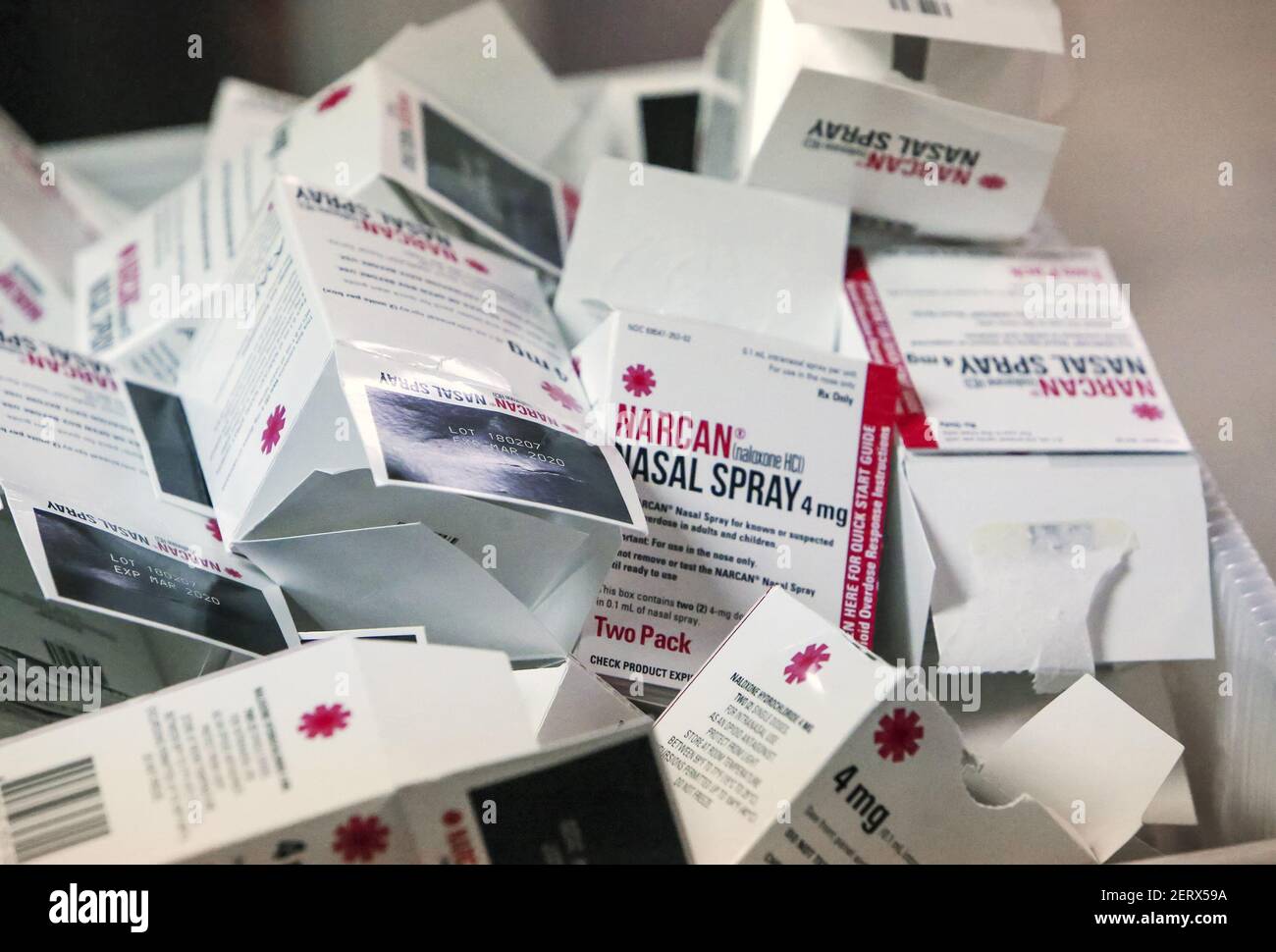 Empty boxes of Narcan gather in a pile after Luis Garcia handed out their  contents during a class at Saint Philip Lutheran Church in Mount Dora,  Fla., on October 17, 2018. Garcia,