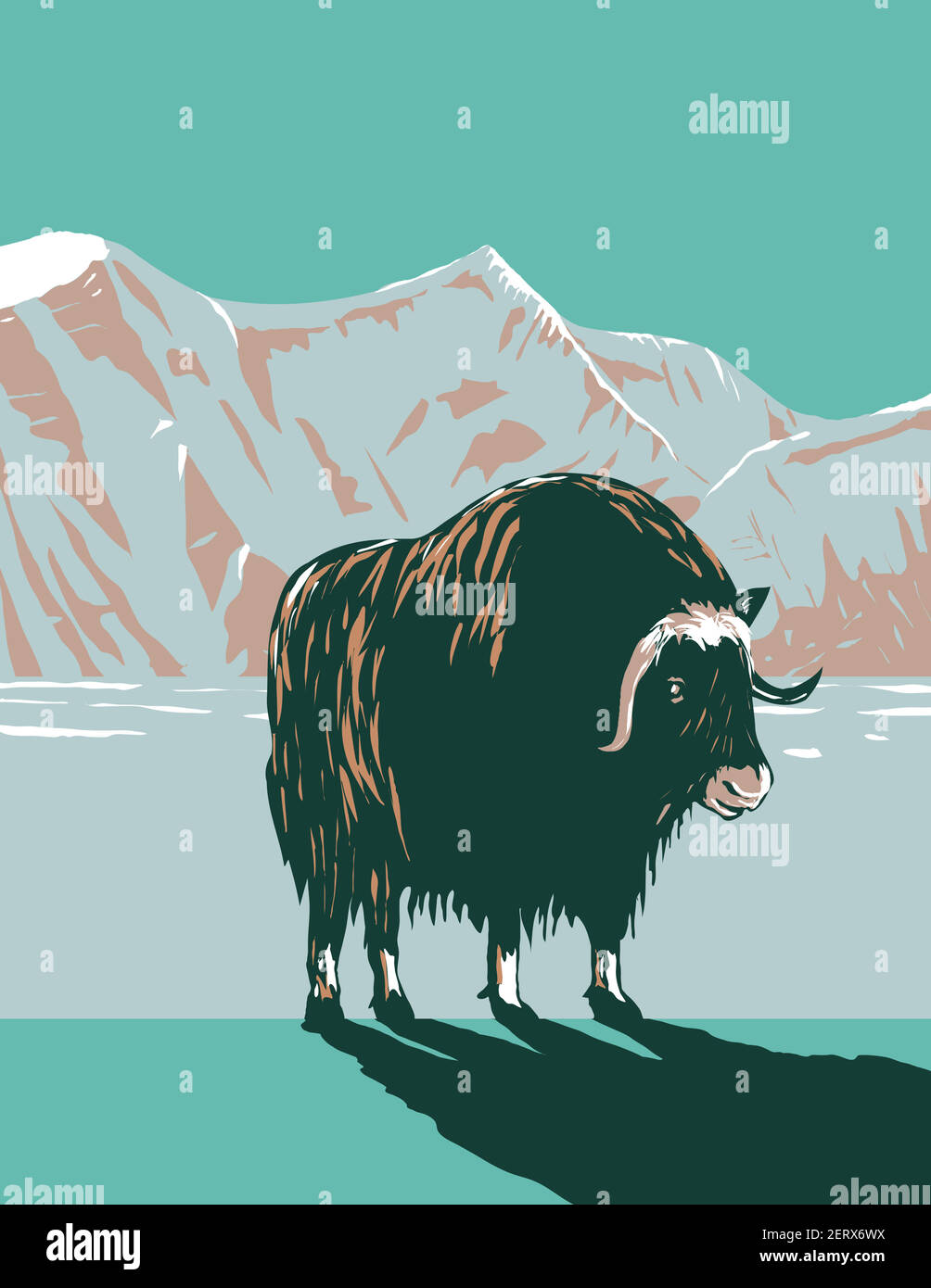 WPA poster art of the muskox or musk ox in winter in the Cape Krusenstern National Monument in northwestern Alaska, United States in works project adm Stock Vector