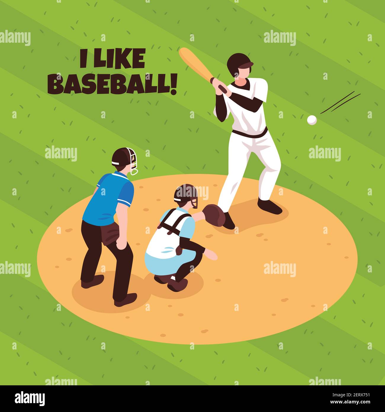 Players and referee during baseball match on game field background isometric vector illustration