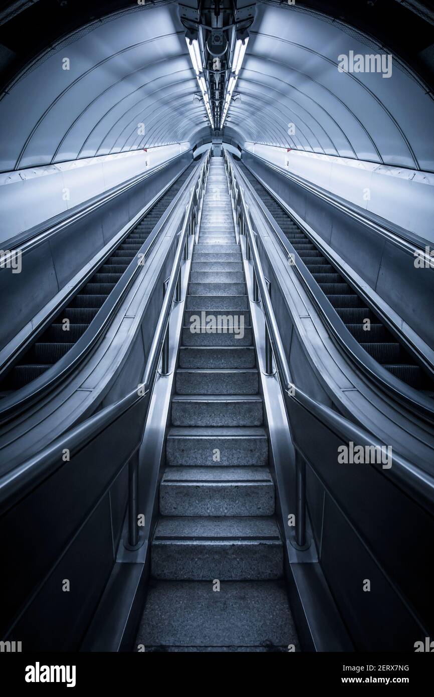A long old escalator at Bank Station on the London Underground, England Stock Photo