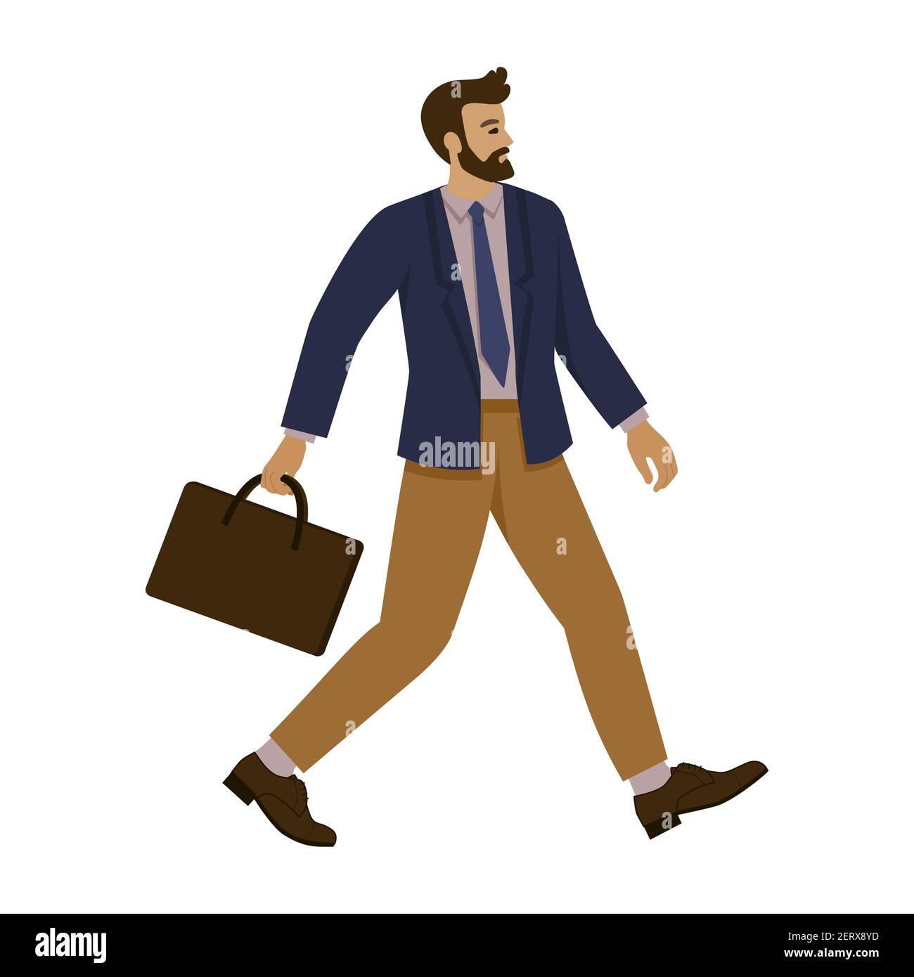 businessman in a fashionable jacket walks around the city with a briefcase in his hands and talks on the phone. vector illustration, cartoon, flat Stock Vector