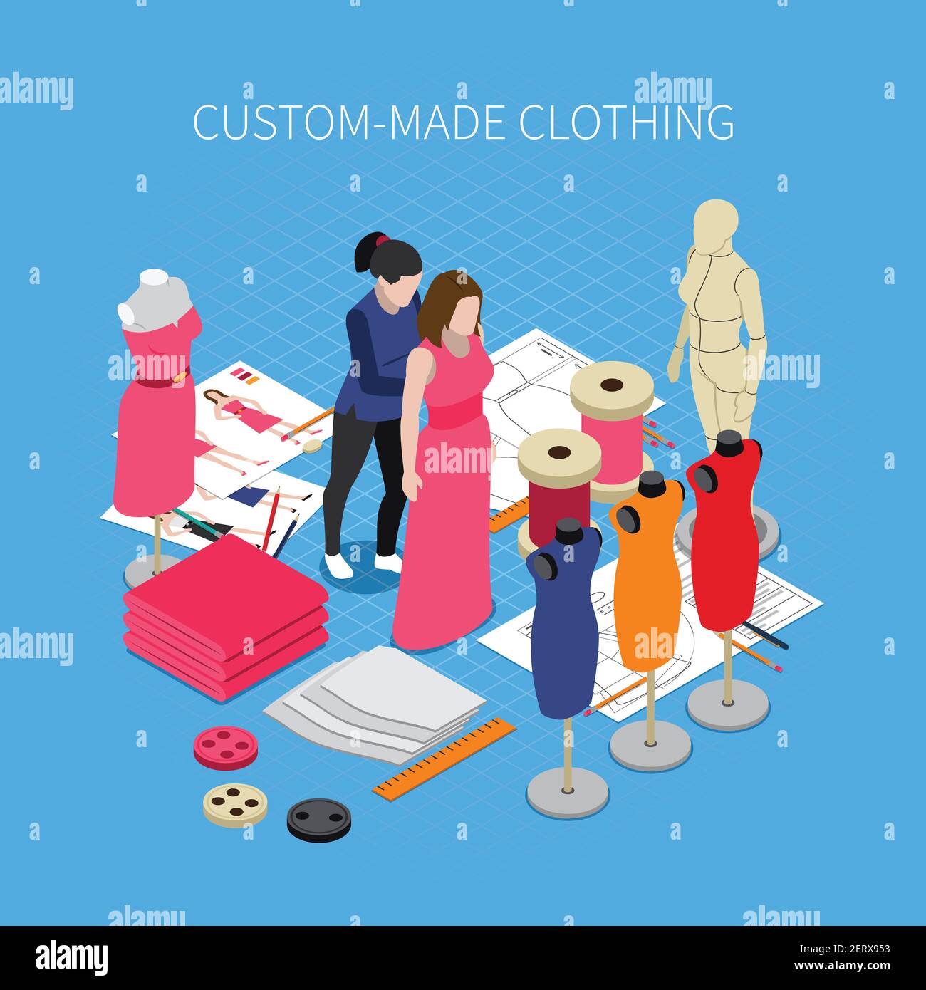 Custom made clothing isometric concept with dress symbols vector ...