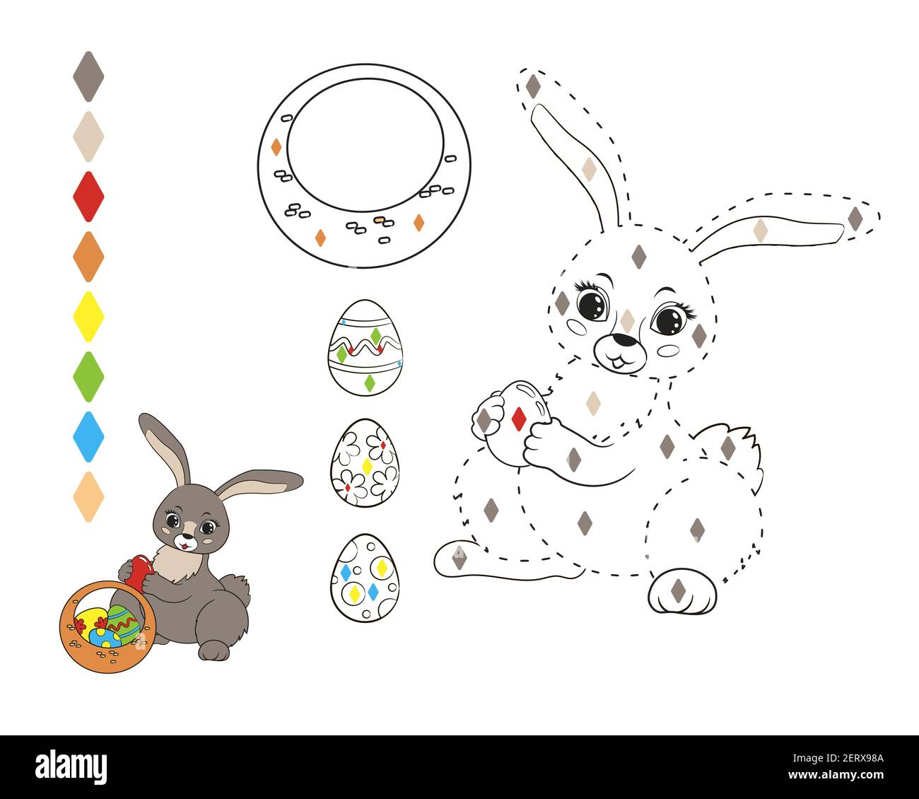 Coloring book game: outline dotted outline easter bunny with basket and painted eggs.Drawing by color, vector illustration in cartoon style isolated Stock Vector