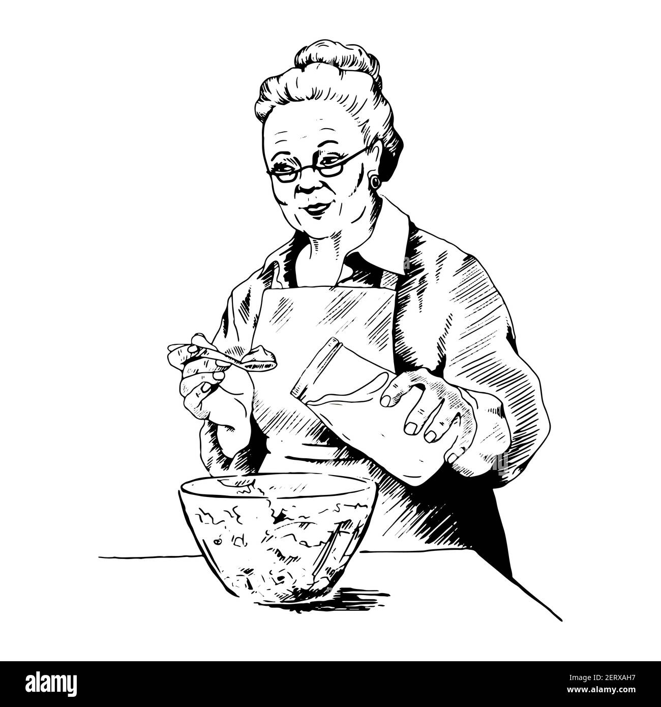 Grandma is preparing salad, lunch, putting mayonnaise from a can.Vector illustration, sketch, line art, doodle Stock Vector