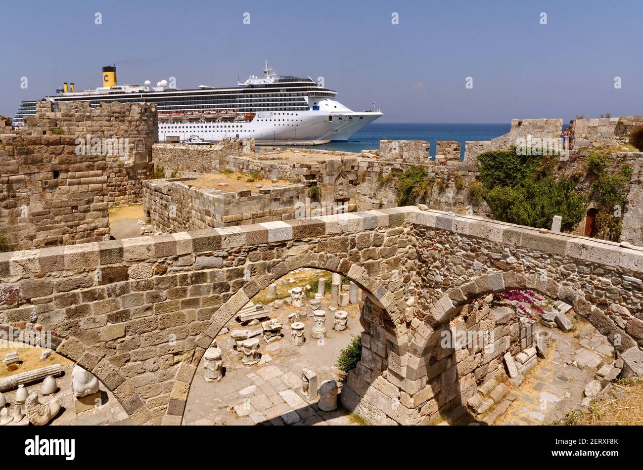 Cruise ship 'Costa Mediterranea' berthed at Kos City with Kos fortress foreground ,  Kos, Dodecanese Island group, Greece. Stock Photo