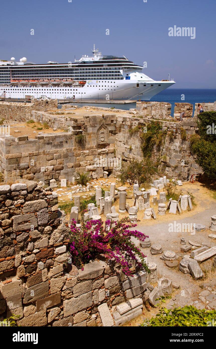 Cruise ship 'Costa Mediterranea' berthed at Kos City with Kos fortress foreground ,  Kos, Dodecanese Island group, Greece. Stock Photo
