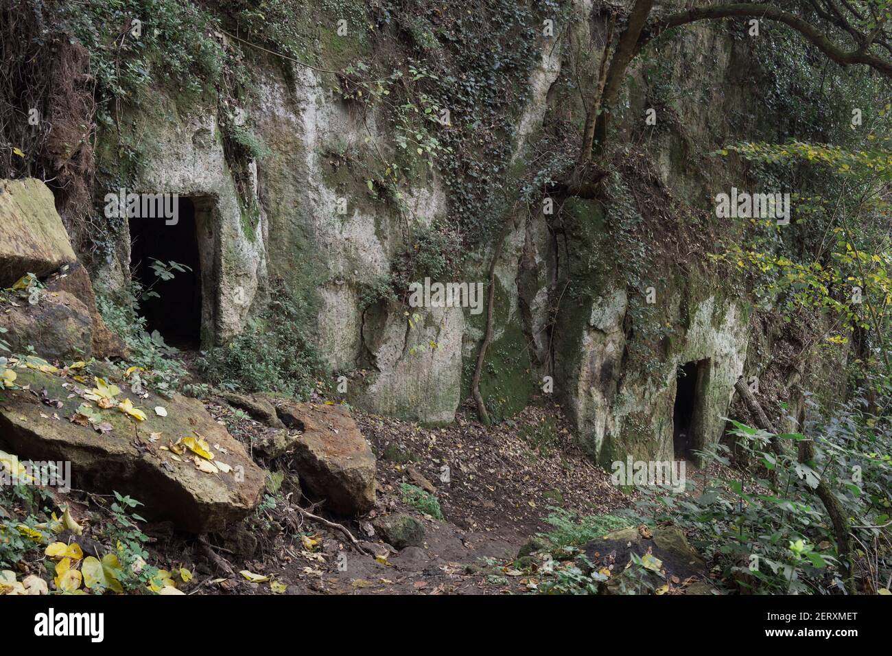 Entrances of some Etruscan tombs in the middle of the vegetation Stock Photo