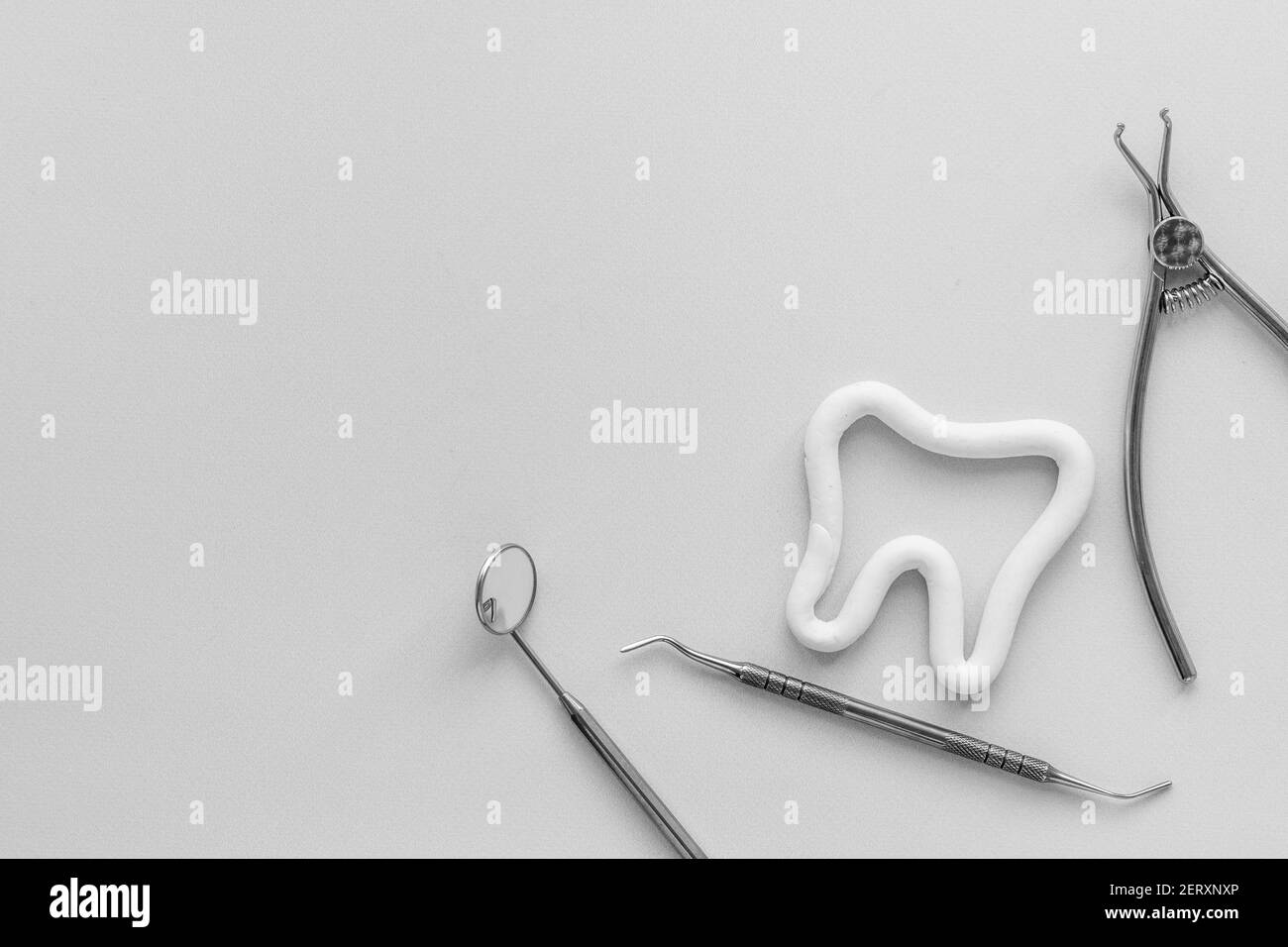 Dentist tools equipment flat lay. Dental care and oral hygiene concept