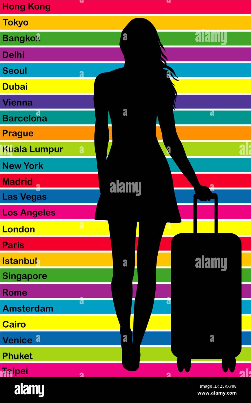 Travel around the world concept with silhouette of a female tourist and the name of the most famous tourist cities Stock Vector