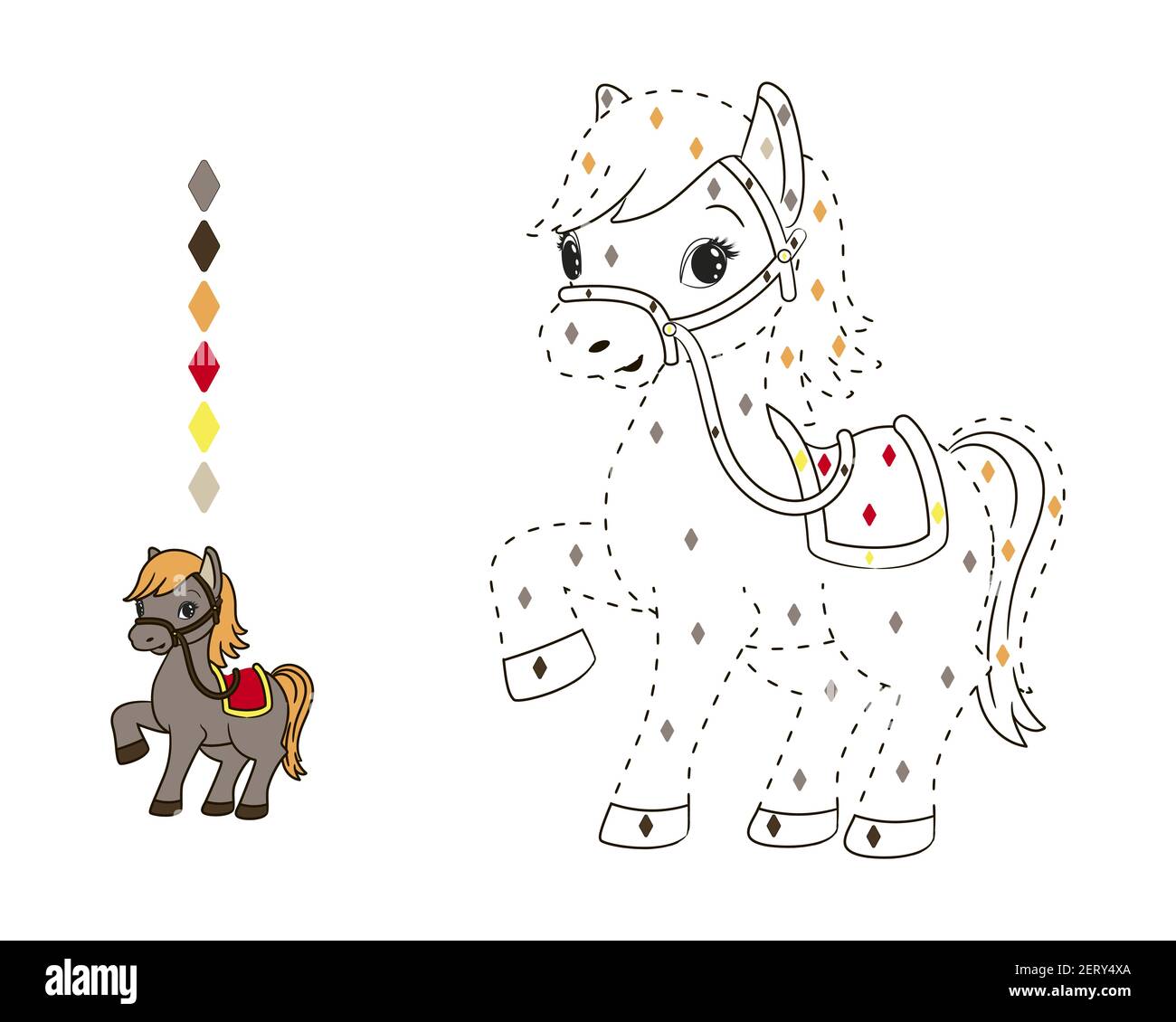 coloring by numbers for kids, little horse with orange mane.Vector illustration in cartoon style, dotted line Stock Vector