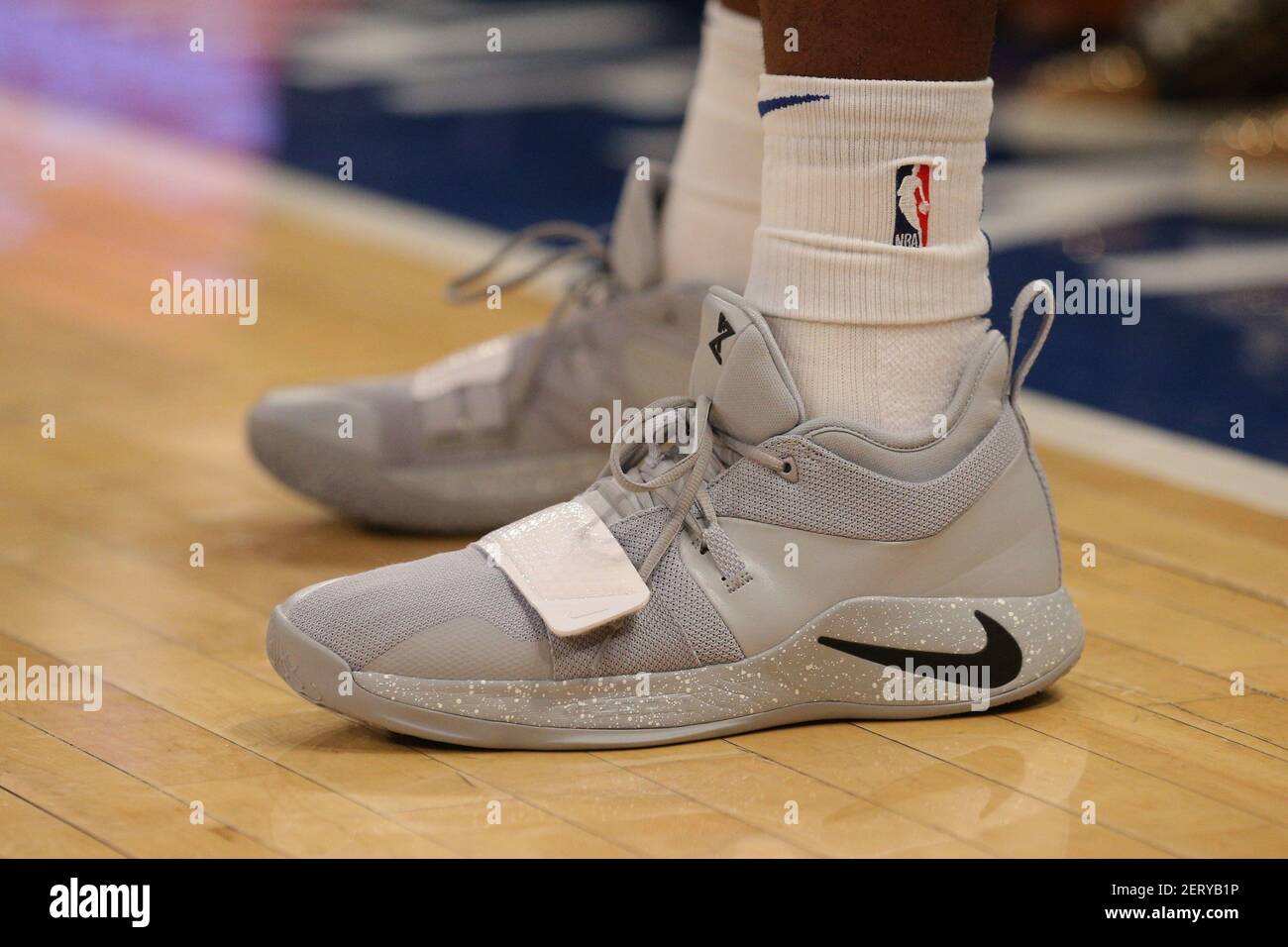 Oct 29, 2018; New York, NY, USA; the sneakers of New York Knicks guard  Damyean Dotson (21) during the first quarter against the Brooklyn Nets at  Madison Square Garden. Mandatory Credit: Brad