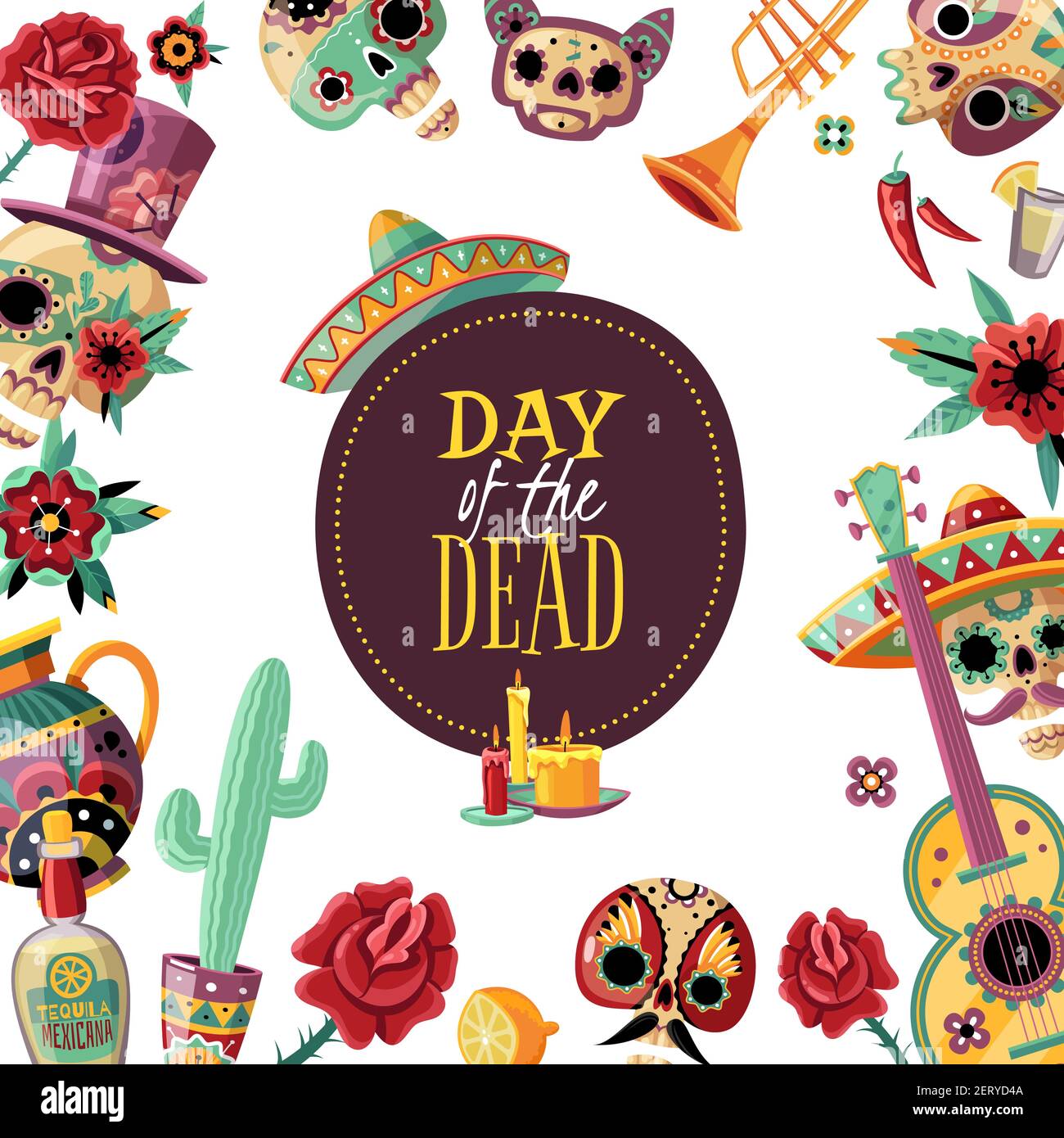 Dead day square frame poster with event symbols decorative border guitar scull in sombrero cactus vector illustration Stock Vector