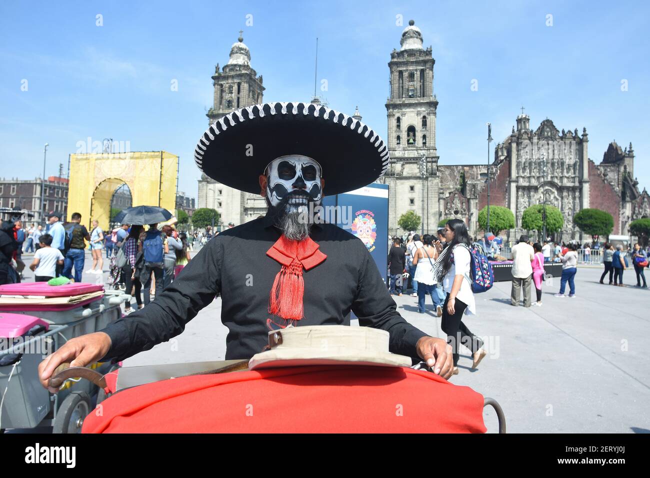 A Man dressed as Charro and the face painted as a skull looks during the Mega Offering of Day of the Dead at the Zocalo of Mexico City on October 31, 2018 in Mexico City, Mexico (Photo by Carlos Tischler/Sipa USA) Stock Photo