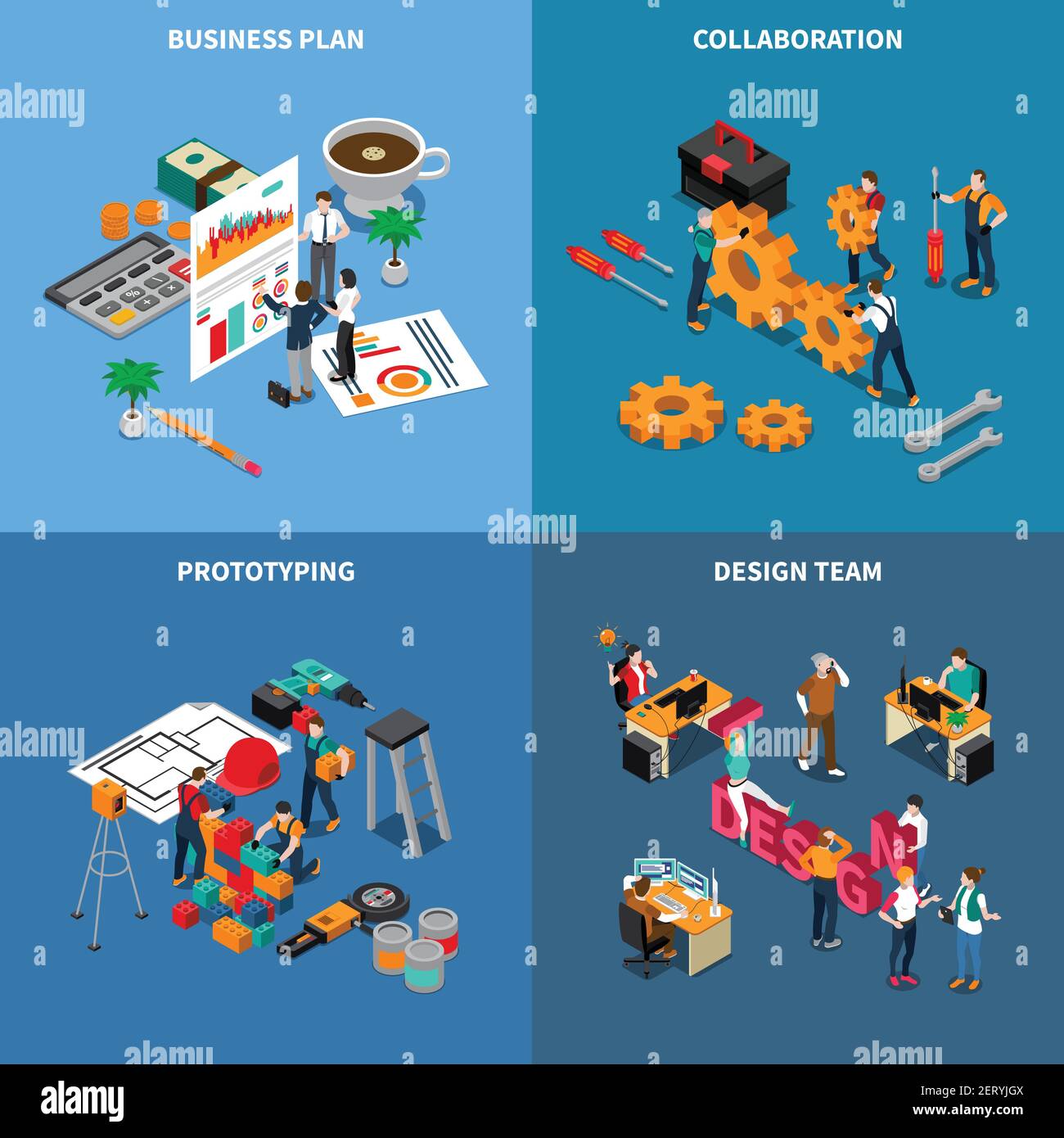 Teamwork collaboration isometric concept icons set with business plan ...