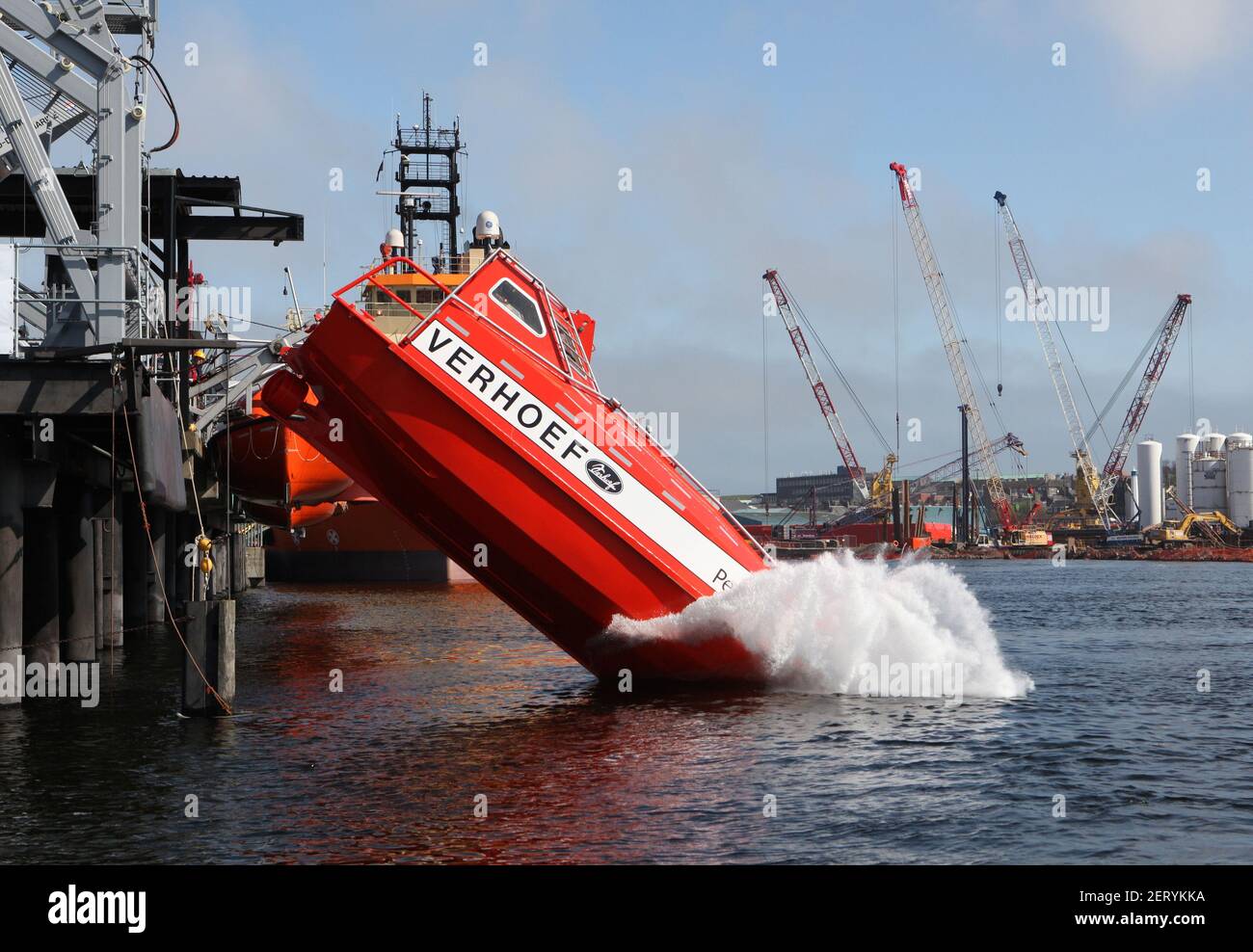 Sequence of a Free Fall Lifeboat being released and dropped Stock Photo