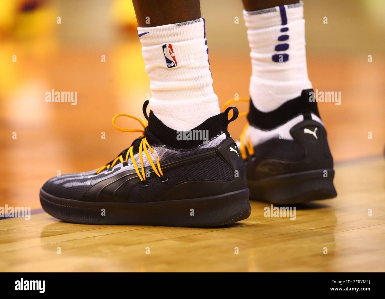 Oct 31, 2018; Phoenix, AZ, USA; Detailed view of the Puma basketball shoes  worn by Phoenix Suns center Deandre Ayton against the San Antonio Spurs in  the first half at Talking Stick