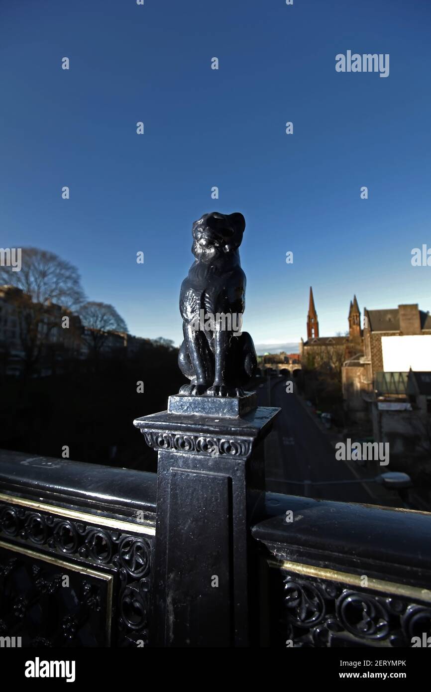 Leopard statues known as Kelly's Cats on Union Bridge in Aberdeen city centre, Scotland, UK, designed by architect William Kelly Stock Photo