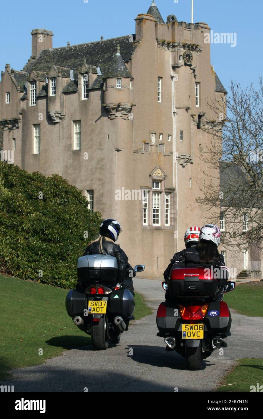 Motorcycling in Scotland by Crathes Castle, Aberdeenshire, Scotland Stock Photo