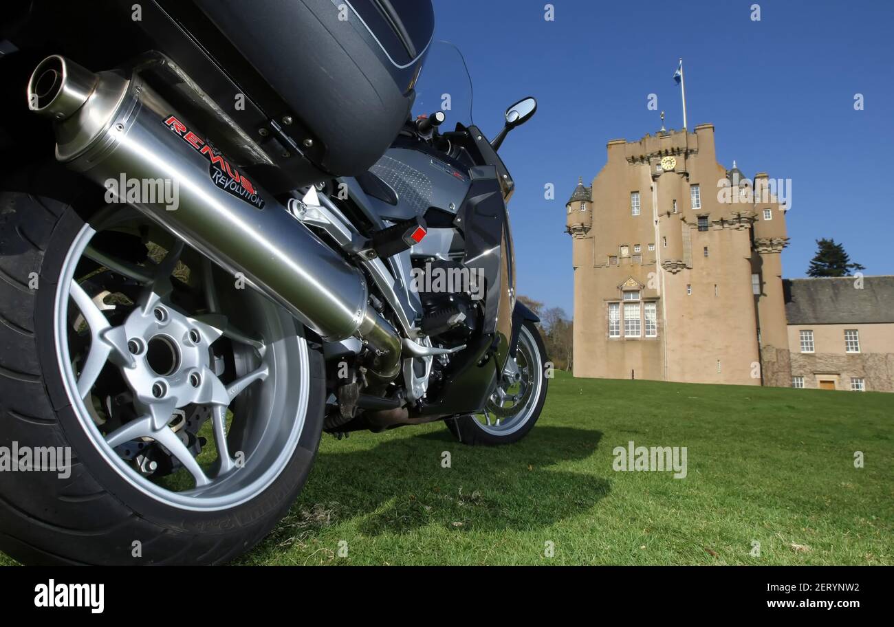 Motorcycling in Scotland by Crathes Castle, Aberdeenshire, Scotland Stock Photo